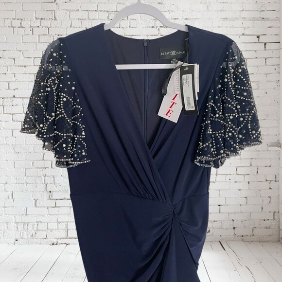 Betsy & Adam Navy Midi Dress with Embellished Sleeves Sz. 4P - Picture 8 of 10